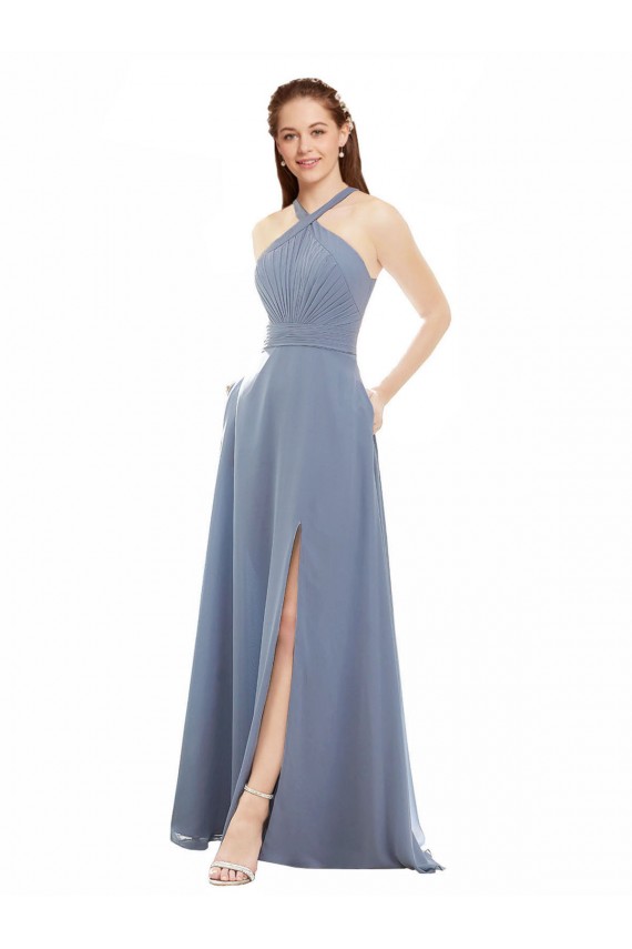 Chiffon Cabeçada Sem Mangas Comprimento Chão Longo Linha A Vestidos de Festa Baratos