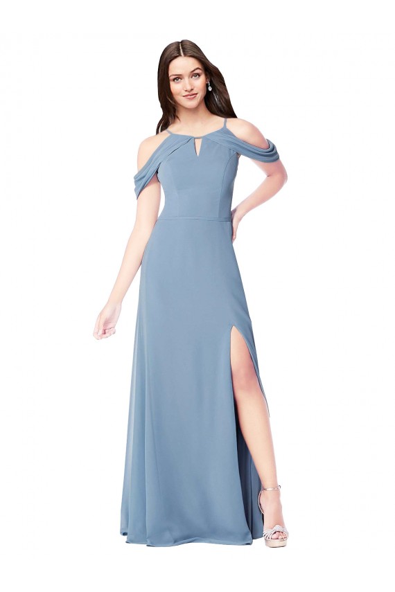 Chiffon Fora do Ombro Sem Mangas Comprimento Chão Azul Empoeirado Linha A Vestidos de Madrinha Baratos