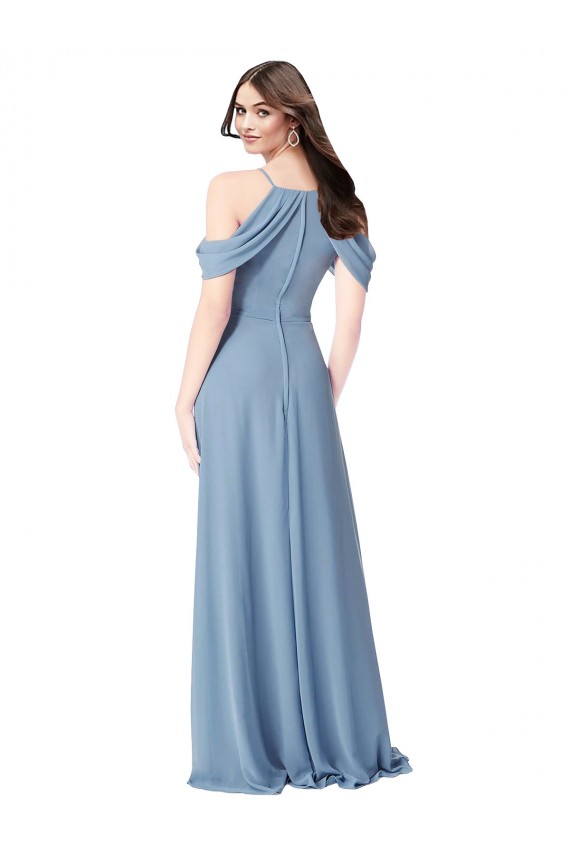 Chiffon Fora do Ombro Sem Mangas Comprimento Chão Azul Empoeirado Linha A Vestidos de Madrinha Baratos