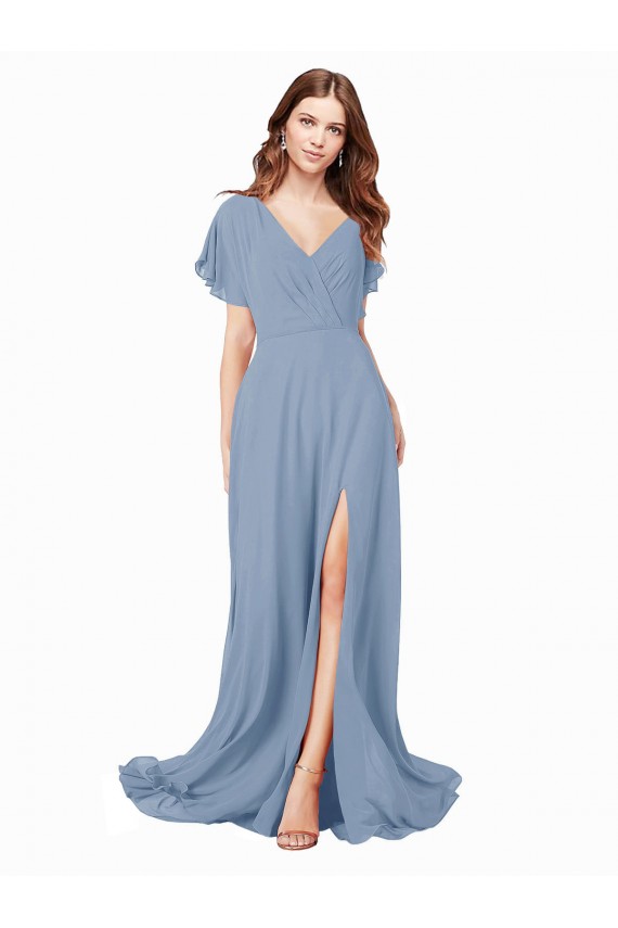 Chiffon Decote V Mangas Curtas Comprimento Chão Vestidos de Madrinha / Vestidos de Festa Baratos