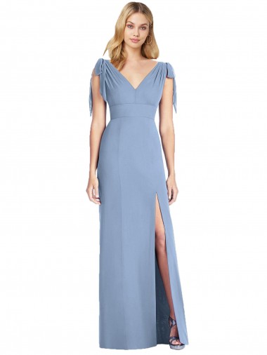 Chiffon Decote V Sem Mangas Costas em V Comprimento Chão Azul Empoeirado Sereia Vestidos de Madrinha Baratos