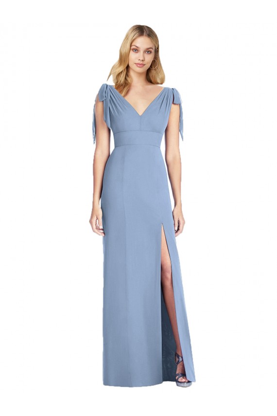Chiffon Decote V Sem Mangas Costas em V Comprimento Chão Azul Empoeirado Sereia Vestidos de Madrinha Baratos