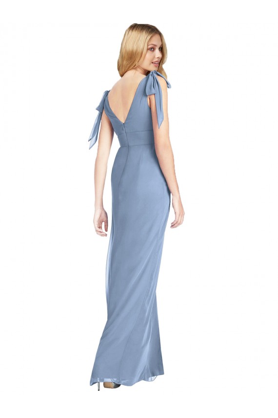 Chiffon Decote V Sem Mangas Costas em V Comprimento Chão Azul Empoeirado Sereia Vestidos de Madrinha Baratos