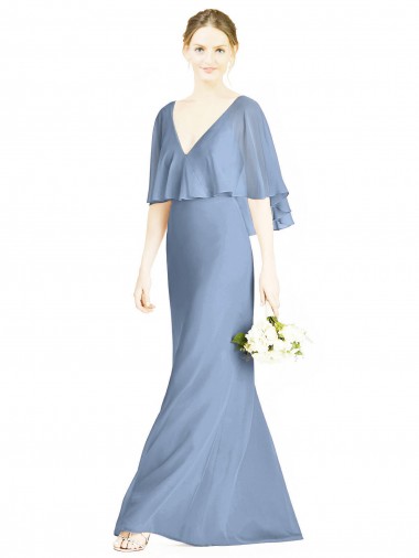 Chiffon Decote V Sem Mangas Comprimento Chão Azul Empoeirado Trombeta Vestidos de Madrinha Baratos