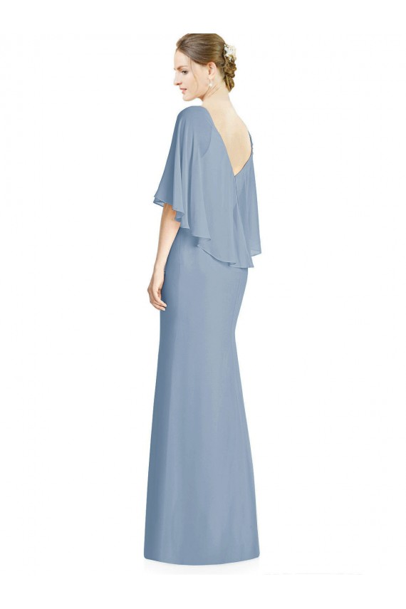Chiffon Decote V Sem Mangas Comprimento Chão Azul Empoeirado Trombeta Vestidos de Madrinha Baratos
