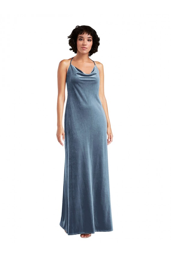 Veludo Elástico Decote Capuz Sem Mangas Costas em V Comprimento Chão Bainha Vestidos de Madrinha / Vestidos de Festa Baratos