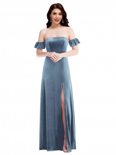 Veludo Elástico Fora do Ombro Mangas Folhos Lombar Comprimento Chão Vestidos de Madrinha / Vestidos de Festa Baratos