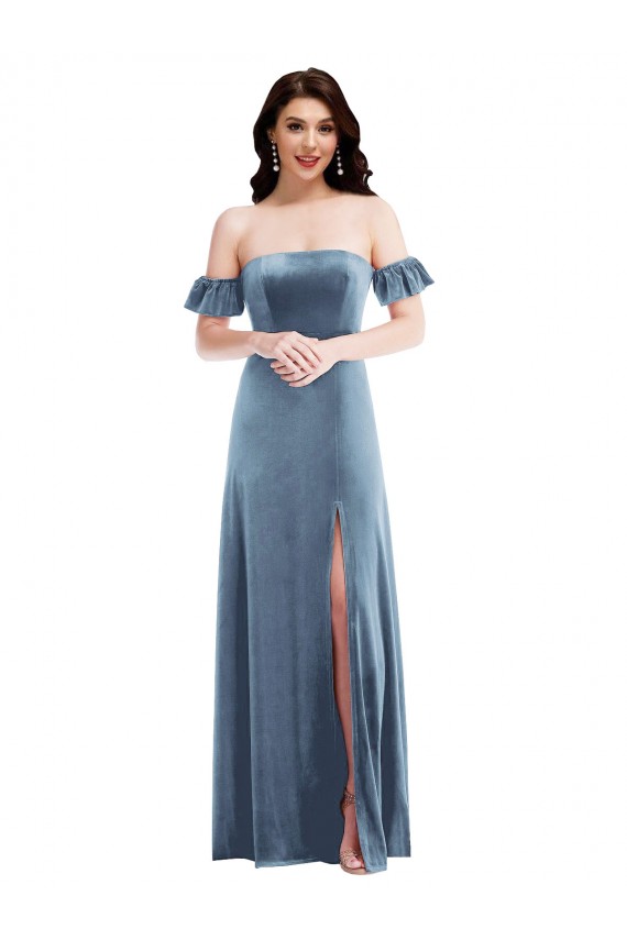 Veludo Elástico Fora do Ombro Mangas Folhos Lombar Comprimento Chão Vestidos de Madrinha / Vestidos de Festa Baratos