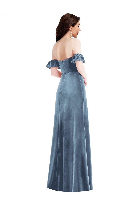 Veludo Elástico Fora do Ombro Mangas Folhos Lombar Comprimento Chão Vestidos de Madrinha / Vestidos de Festa Baratos