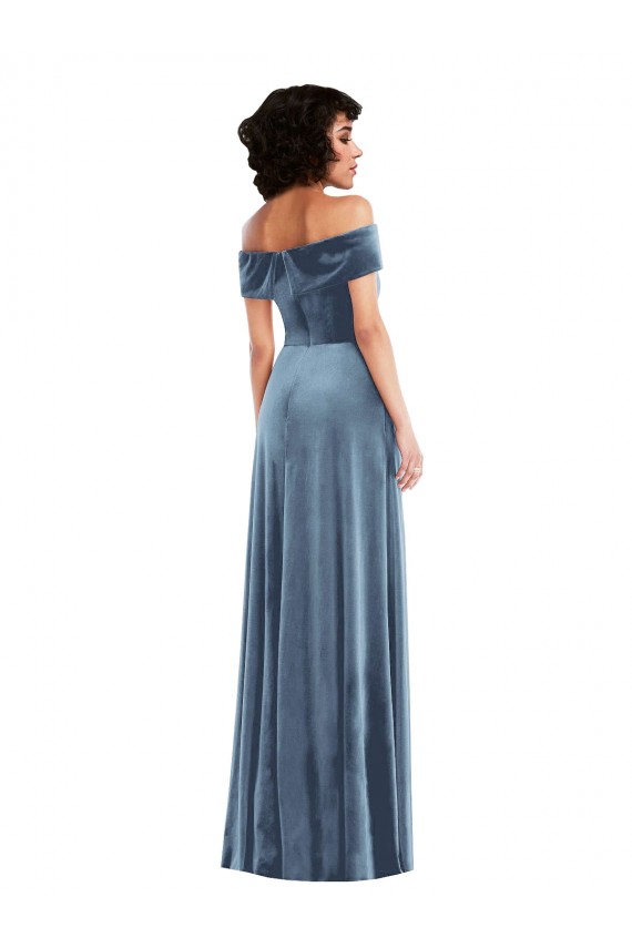 Veludo Elástico Fora do Ombro Sem Mangas Comprimento Chão Vestidos de Madrinha / Vestidos de Festa Baratos