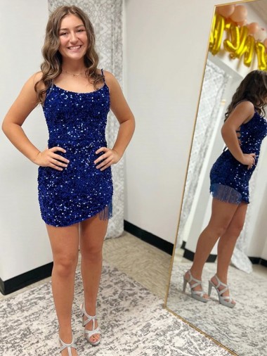 Lantejoulas Veludo Alças finas Sem Mangas Curto Bainha Vestidos de Festa Baratos