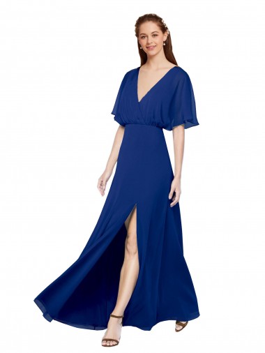 Chiffon Decote V Mangas Esvoaçantes Abrir de volta Comprimento Chão Longo Linha A Vestidos de Madrinha Baratos
