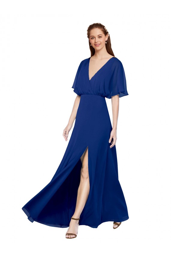 Chiffon Decote V Mangas Esvoaçantes Abrir de volta Comprimento Chão Longo Linha A Vestidos de Madrinha Baratos