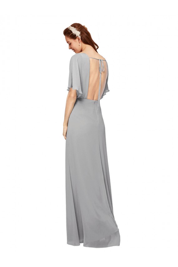 Chiffon Decote V Mangas Esvoaçantes Abrir de volta Comprimento Chão Longo Linha A Vestidos de Madrinha Baratos