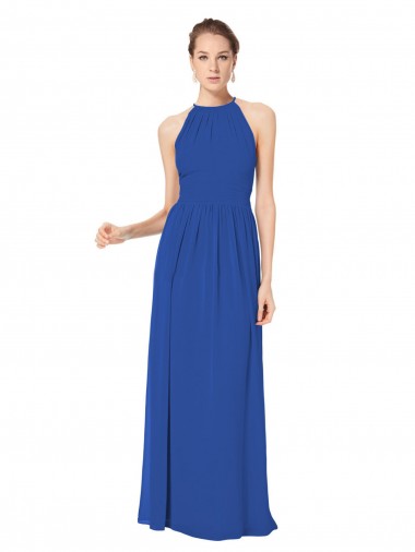 Chiffon Cabeçada Sem Mangas Buraco da fechadura Comprimento Chão Azul Real Linha A Vestidos de Madrinha Baratos