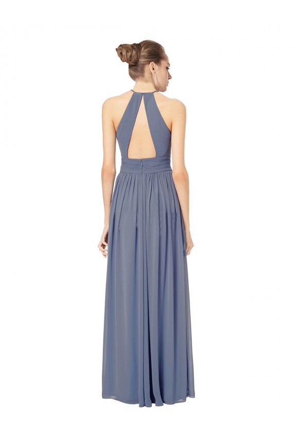 Chiffon Cabeçada Sem Mangas Buraco da fechadura Comprimento Chão Azul Real Linha A Vestidos de Madrinha Baratos