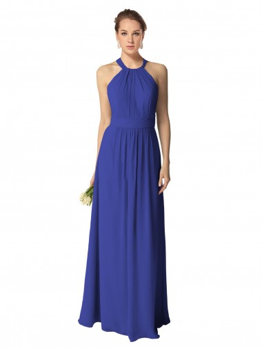 Chiffon Cabeçada Sem Mangas Comprimento Chão Azul Real Linha A Vestidos de Madrinha Baratos