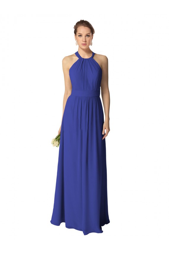 Chiffon Cabeçada Sem Mangas Comprimento Chão Azul Real Linha A Vestidos de Madrinha Baratos