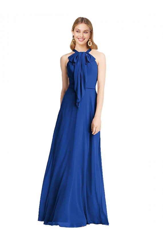 Chiffon Cabeçada Sem Mangas Costas em V Comprimento Chão Longo Linha A Vestidos de Madrinha Baratos