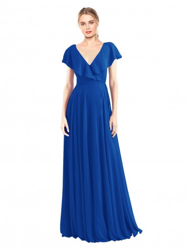 Chiffon Decote V Mangas Esvoaçantes Costas em V Comprimento Chão Azul Real Linha A Vestidos de Madrinha Baratos