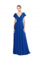 Chiffon Decote V Mangas Esvoaçantes Costas em V Comprimento Chão Azul Real Linha A Vestidos de Madrinha Baratos