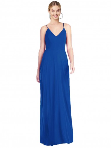 Chiffon Alças finas Sem Mangas Criss Cruz Comprimento Chão Azul Real Longo Vestidos de Madrinha Baratos