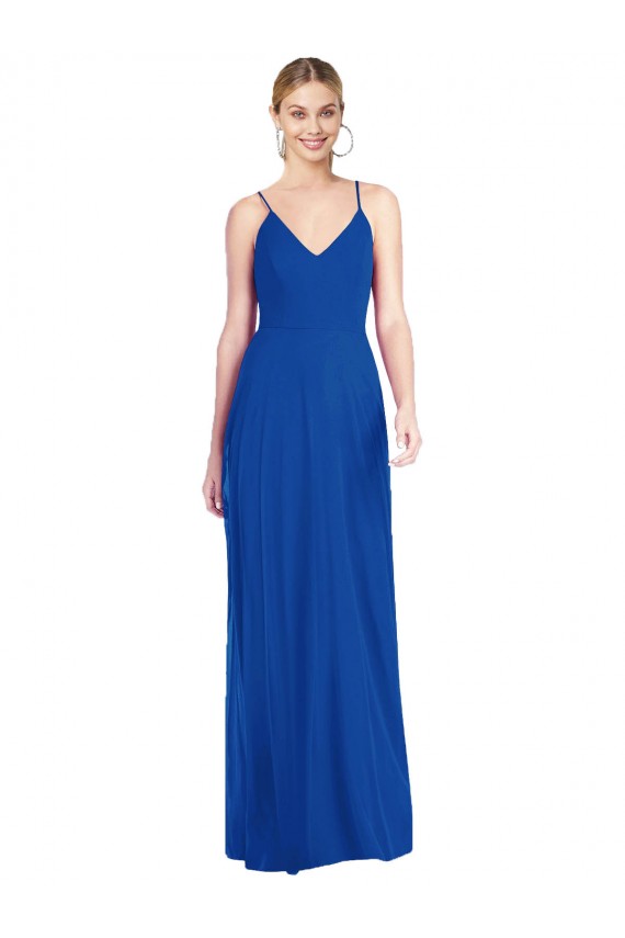 Chiffon Alças finas Sem Mangas Criss Cruz Comprimento Chão Azul Real Longo Vestidos de Madrinha Baratos