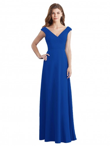 Chiffon Decote V Sem Mangas Comprimento Chão Linha A Azul Real Vestidos de Madrinha Baratos