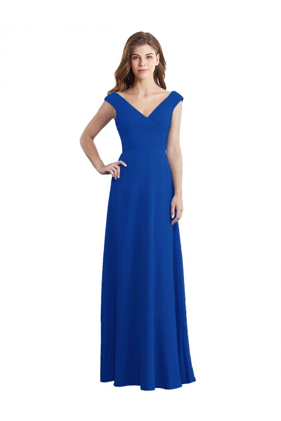 Chiffon Decote V Sem Mangas Comprimento Chão Linha A Azul Real Vestidos de Madrinha Baratos