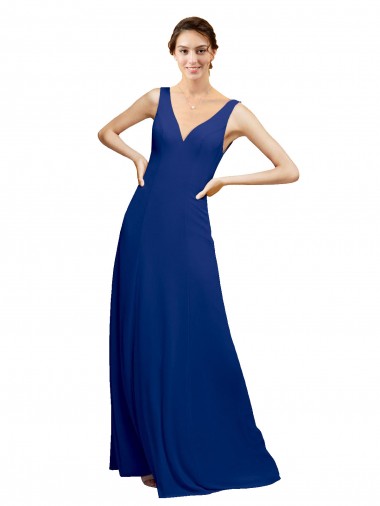 Chiffon Decote V Sem Mangas Lombar Comprimento Chão Azul Real Linha A Vestidos de Madrinha Baratos
