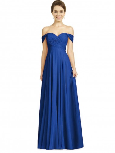 Chiffon Fora do Ombro Mangas Curtas Comprimento Chão Azul Real Linha A Vestidos de Madrinha Baratos