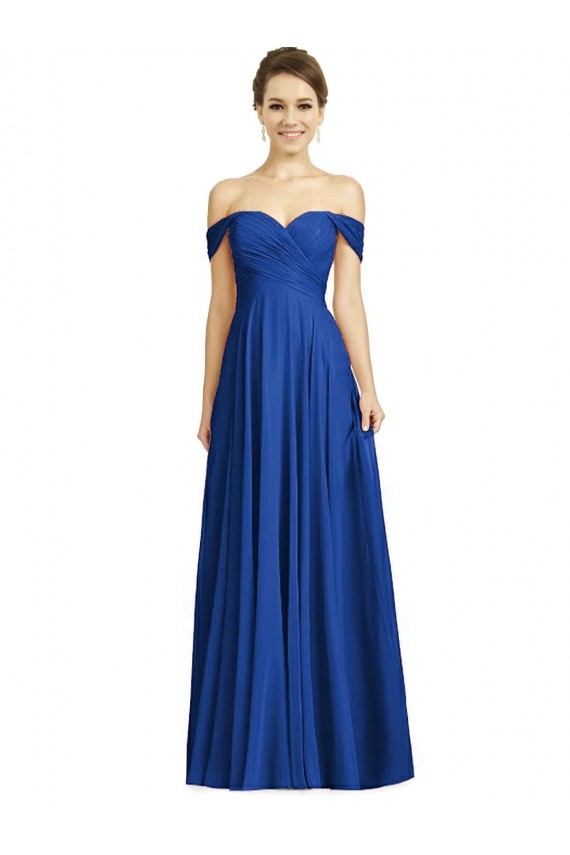 Chiffon Fora do Ombro Mangas Curtas Comprimento Chão Azul Real Linha A Vestidos de Madrinha Baratos