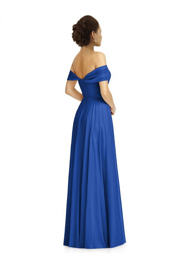 Chiffon Fora do Ombro Mangas Curtas Comprimento Chão Azul Real Linha A Vestidos de Madrinha Baratos