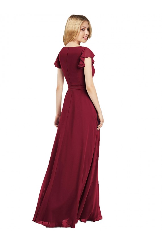 Chiffon Decote V Mangas Esvoaçantes Comprimento Chão Longo Linha A Vestidos de Madrinha Baratos