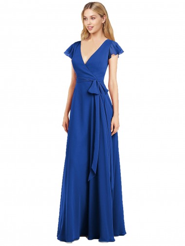 Chiffon Decote V Mangas Esvoaçantes Comprimento Chão Longo Linha A Vestidos de Madrinha Baratos