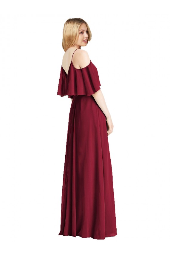 Chiffon Alças finas Ombro Frio Comprimento Chão Azul Real Vestidos de Madrinha Baratos