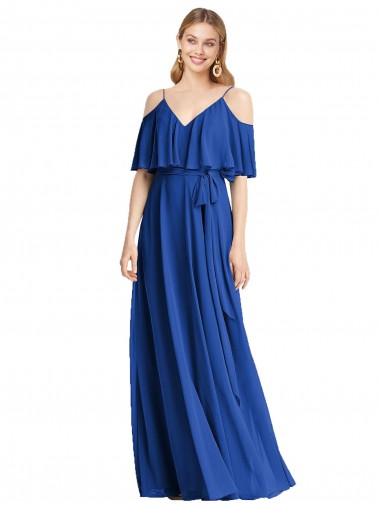 Chiffon Alças finas Ombro Frio Comprimento Chão Azul Real Vestidos de Madrinha Baratos