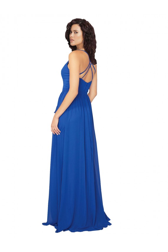 Chiffon Decote V Sem Mangas Criss Cruz Comprimento Chão Linha A Azul Real Vestidos de Madrinha Baratos