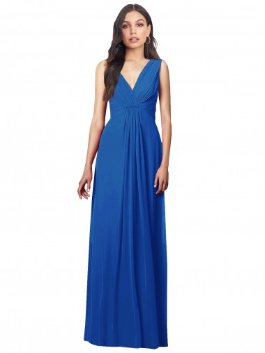 Chiffon Decote V Sem Mangas Costas em V Comprimento Chão Azul Real Linha A Vestidos de Madrinha Baratos