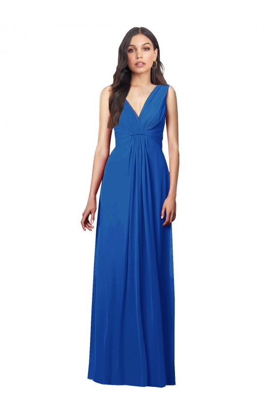 Chiffon Decote V Sem Mangas Costas em V Comprimento Chão Azul Real Linha A Vestidos de Madrinha Baratos