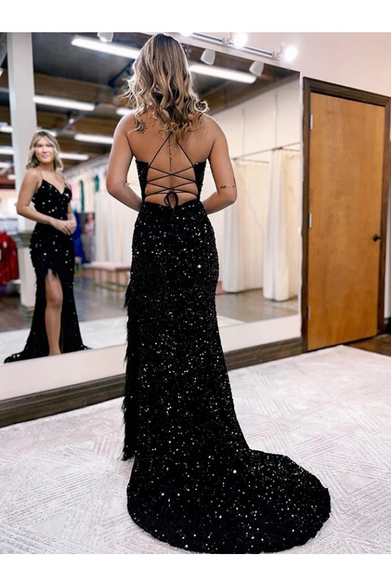 Lantejoulas Veludo Decote V Sem Mangas Comboio Varredela Vestido de Festa / Vestido de Madrinha Baratos