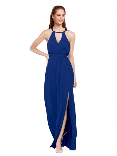 Chiffon Decote Alto Sem Mangas Comprimento Chão Linha A Longo Vestidos de Madrinha Baratos