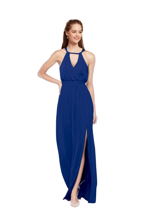Chiffon Decote Alto Sem Mangas Comprimento Chão Linha A Longo Vestidos de Madrinha Baratos