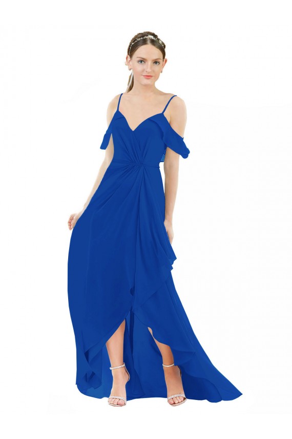 Chiffon Decote V Ombro Frio Comprimento Chão Alto Baixo, Vestidos de Madrinha Baratos