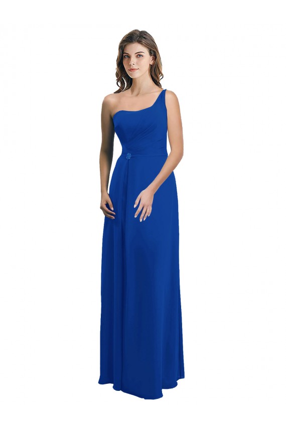 Chiffon Um Ombro Sem Mangas Lombar Comprimento Chão Vestidos de Madrinha Baratos