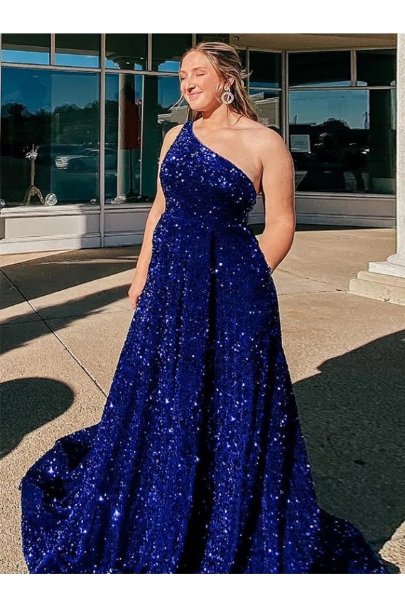 Lantejoulas Veludo Um Ombro Sem Mangas Comboio Varredela Linha A Vestidos de Festa Baratos