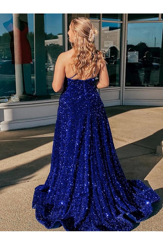 Lantejoulas Veludo Um Ombro Sem Mangas Comboio Varredela Linha A Vestidos de Festa Baratos
