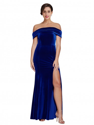 Veludo Elástico Fora do Ombro Sem Mangas Comprimento Chão Longo Sereia Vestidos de Madrinha / Vestidos de Noite / Vestidos de Festa Baratos