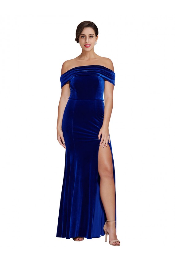 Veludo Elástico Fora do Ombro Sem Mangas Comprimento Chão Longo Sereia Vestidos de Madrinha / Vestidos de Noite / Vestidos de Festa Baratos