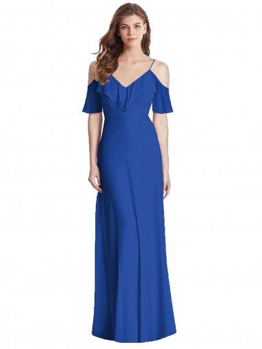 Chiffon Alças finas Ombro Frio Costas em V Comprimento Chão Vestidos de Madrinha Baratos